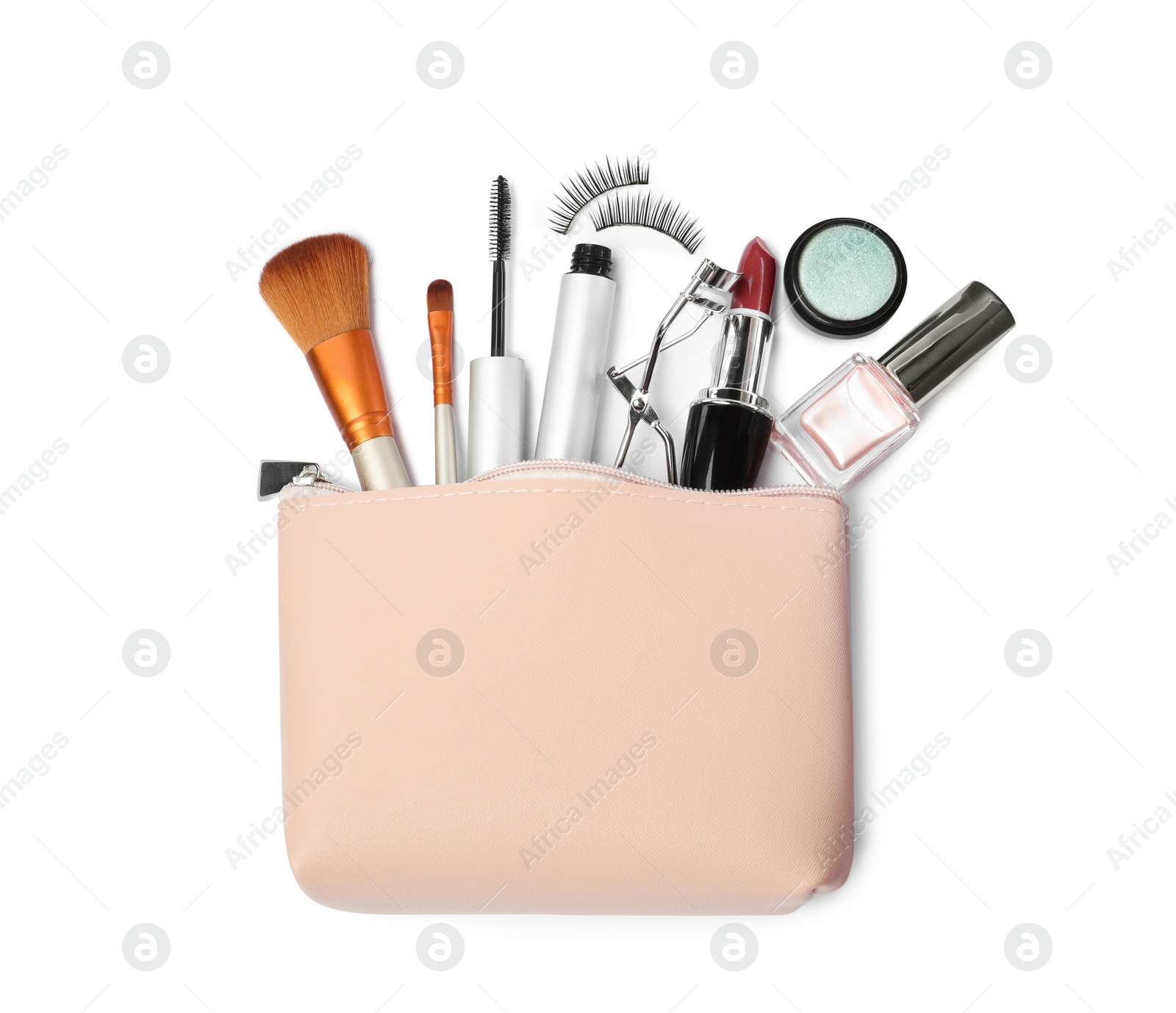 Photo of Stylish beige cosmetic bag with makeup products on white background, top view
