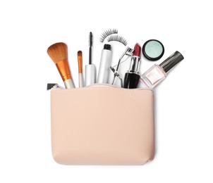 Stylish beige cosmetic bag with makeup products on white background, top view