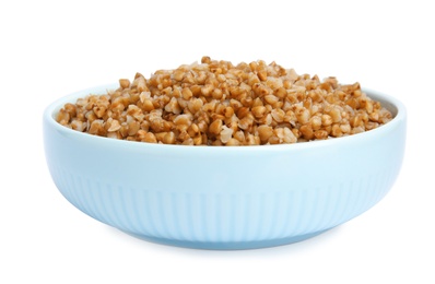 Photo of Bowl of buckwheat porridge isolated on white