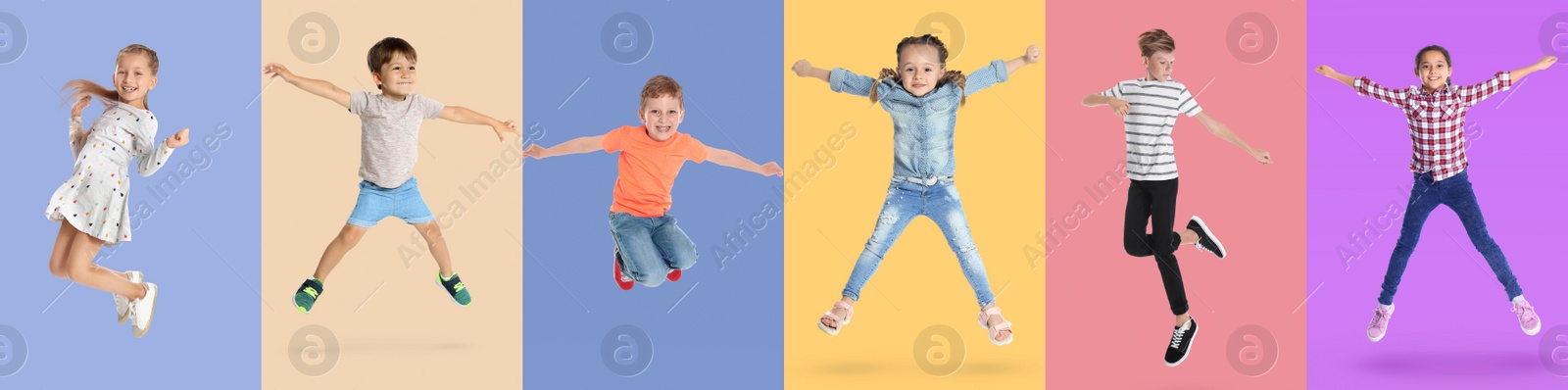 Image of Group of children jumping on color backgrounds, set of photos