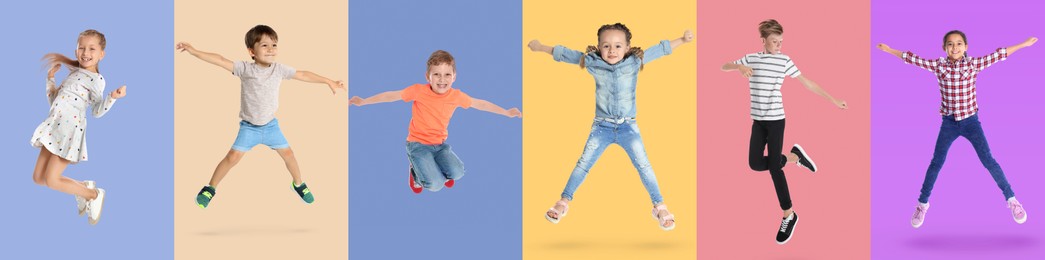 Group of children jumping on color backgrounds, set of photos