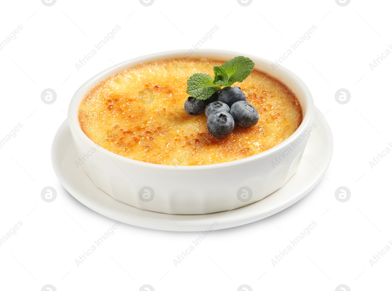 Photo of Delicious creme brulee with fresh blueberries isolated on white