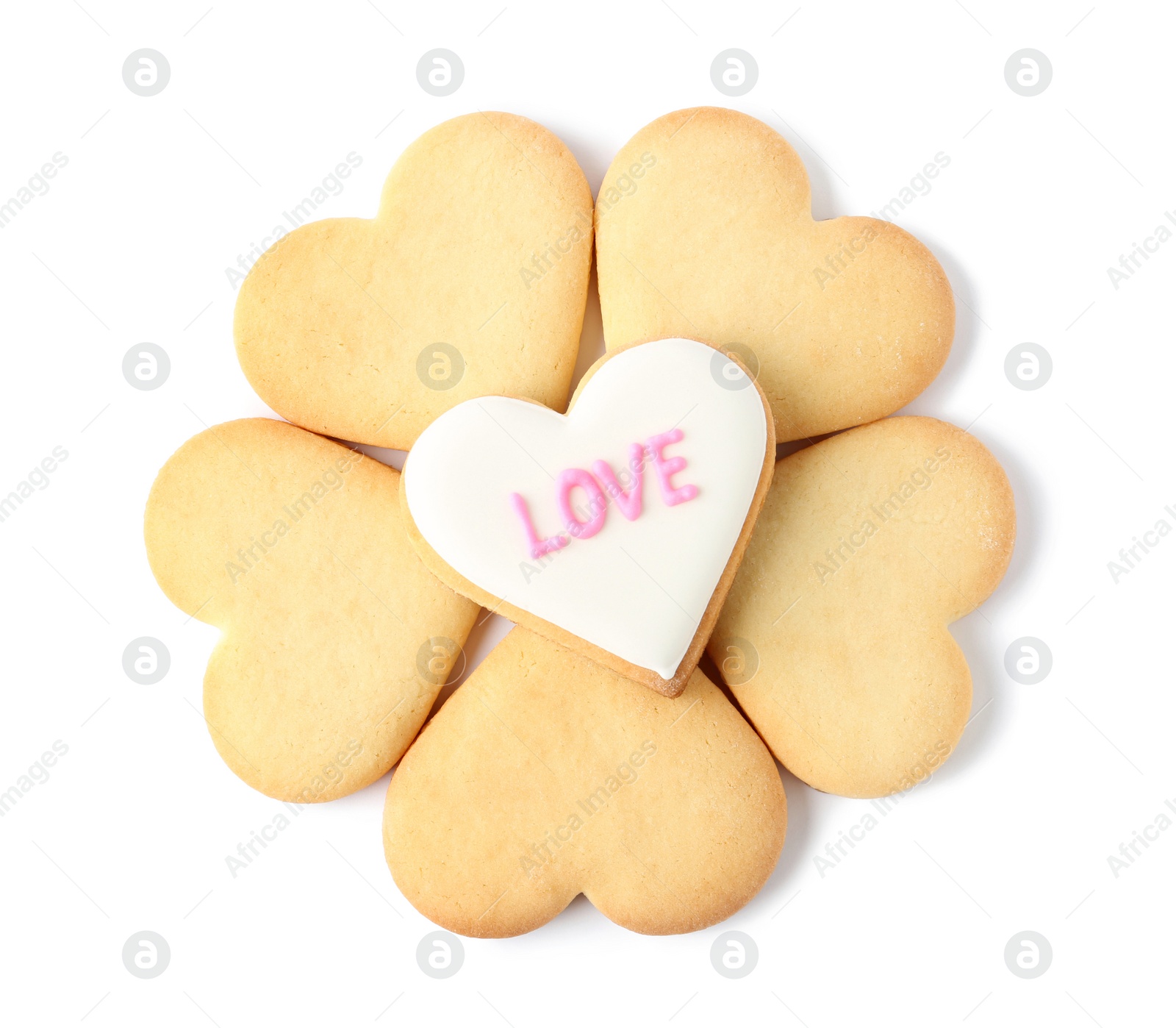 Photo of Homemade heart shaped cookies on white background, top view. Valentine's day treat