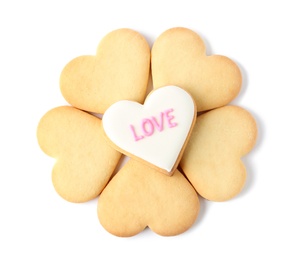 Photo of Homemade heart shaped cookies on white background, top view. Valentine's day treat