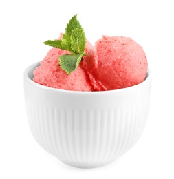 Photo of Delicious strawberry ice cream with mint in dessert bowl on white background