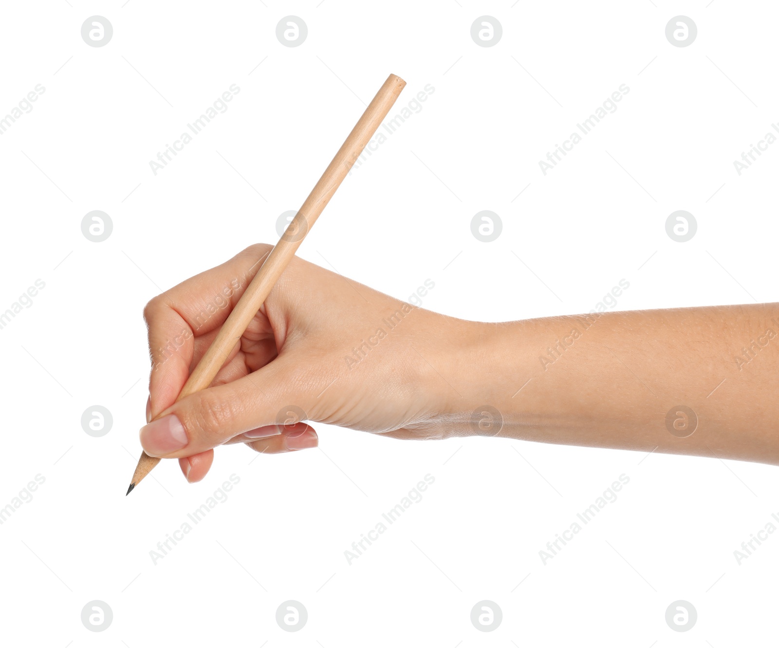 Photo of Woman holding ordinary pencil on white background, closeup