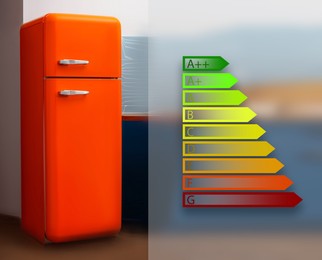 Energy efficiency rating label and red refrigerator indoors