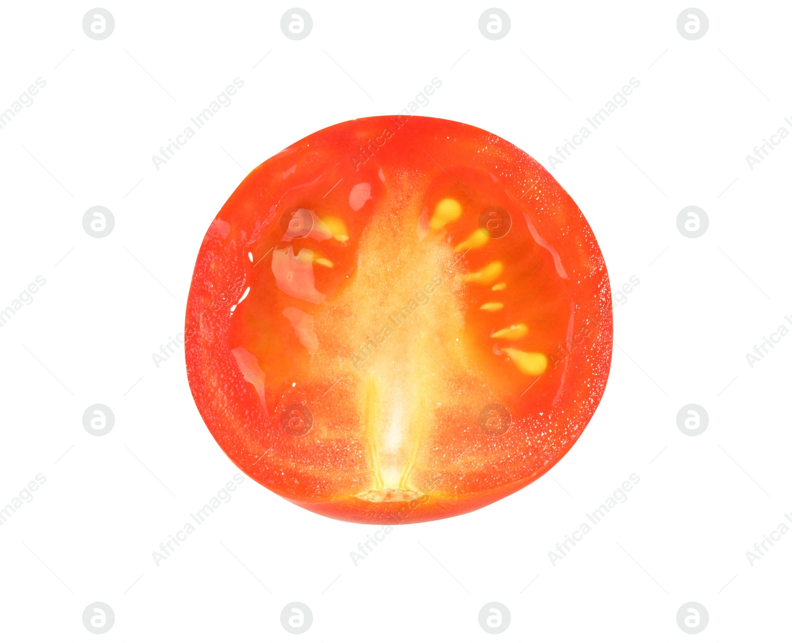 Photo of Half of ripe cherry tomato isolated on white