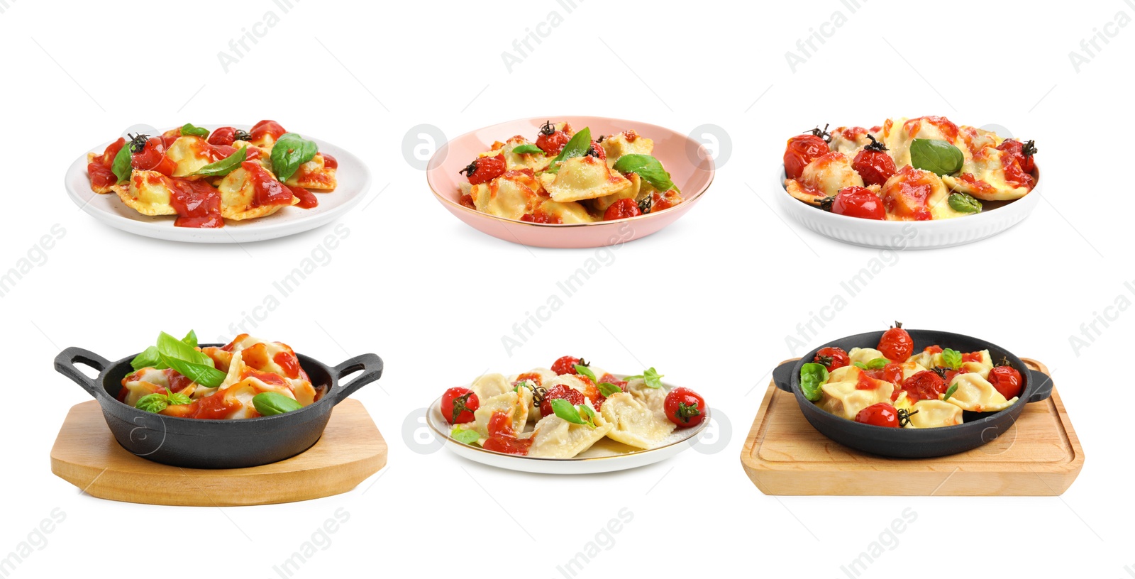 Image of Set of tasty ravioli with tomato sauce on white background