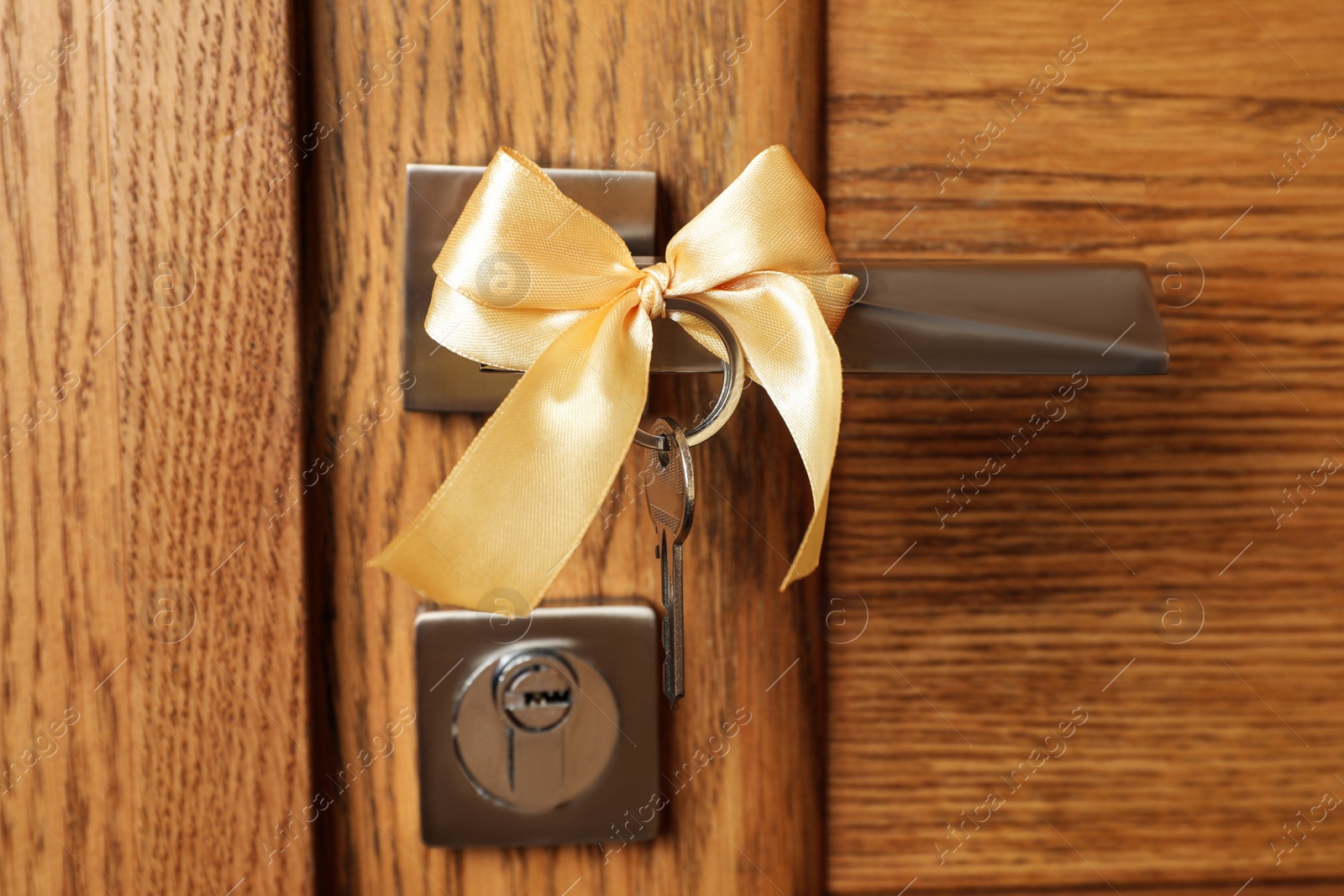 Photo of Key with bow on door handle, closeup view. Housewarming party