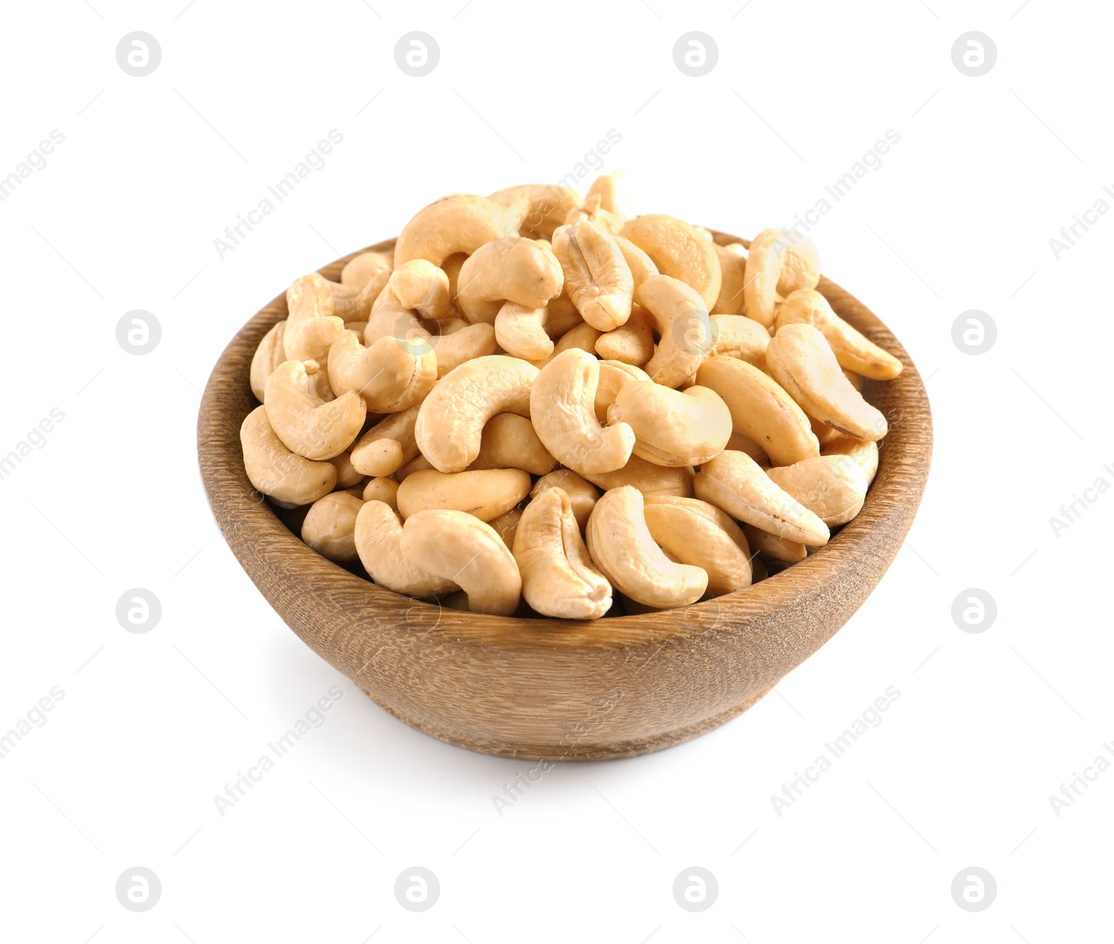 Photo of Tasty cashew nuts in bowl isolated on white