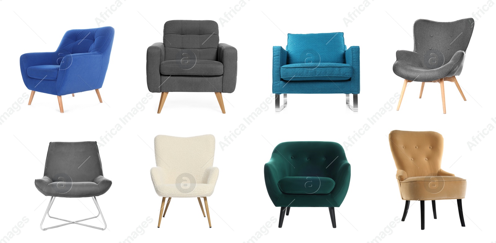 Image of Different comfortable armchairs isolated on white, set