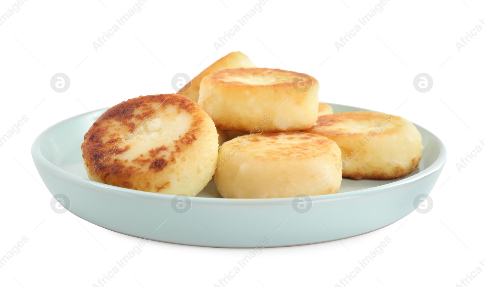 Photo of Delicious cottage cheese pancakes on white background