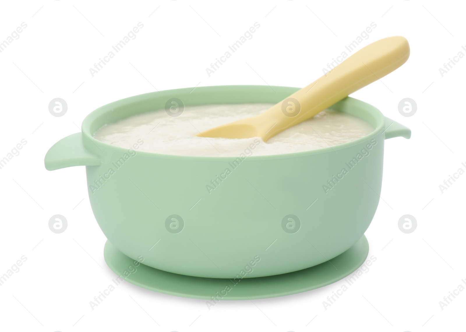 Photo of Healthy baby food in bowl on white background