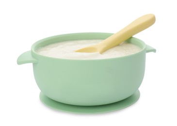 Photo of Healthy baby food in bowl on white background