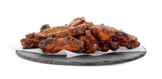 Photo of Slate board with delicious chicken wings isolated on white