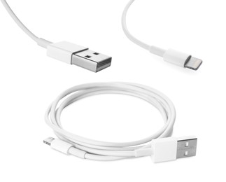 Cable with lightning connector on white background, views from different sides