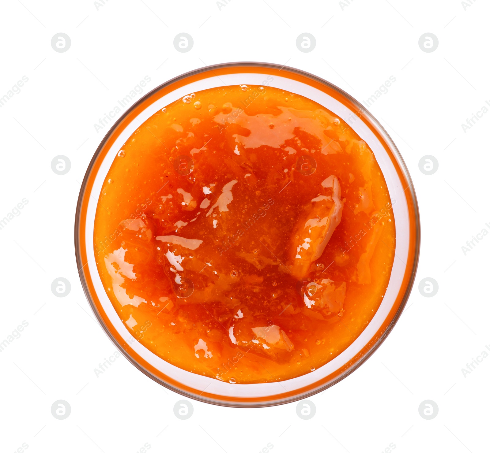 Photo of Bowl with tasty apricot jam on white background, top view