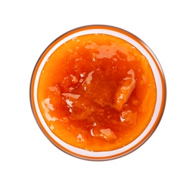 Photo of Bowl with tasty apricot jam on white background, top view