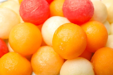 Photo of Melon and watermelon balls as background, closeup