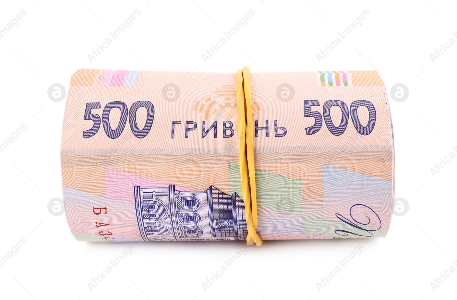Photo of Roll of Ukrainian money on white background