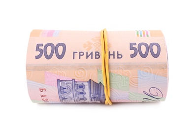 Photo of Roll of Ukrainian money on white background