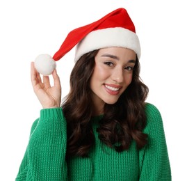 Christmas celebration. Beautiful young woman in Santa hat isolated on white