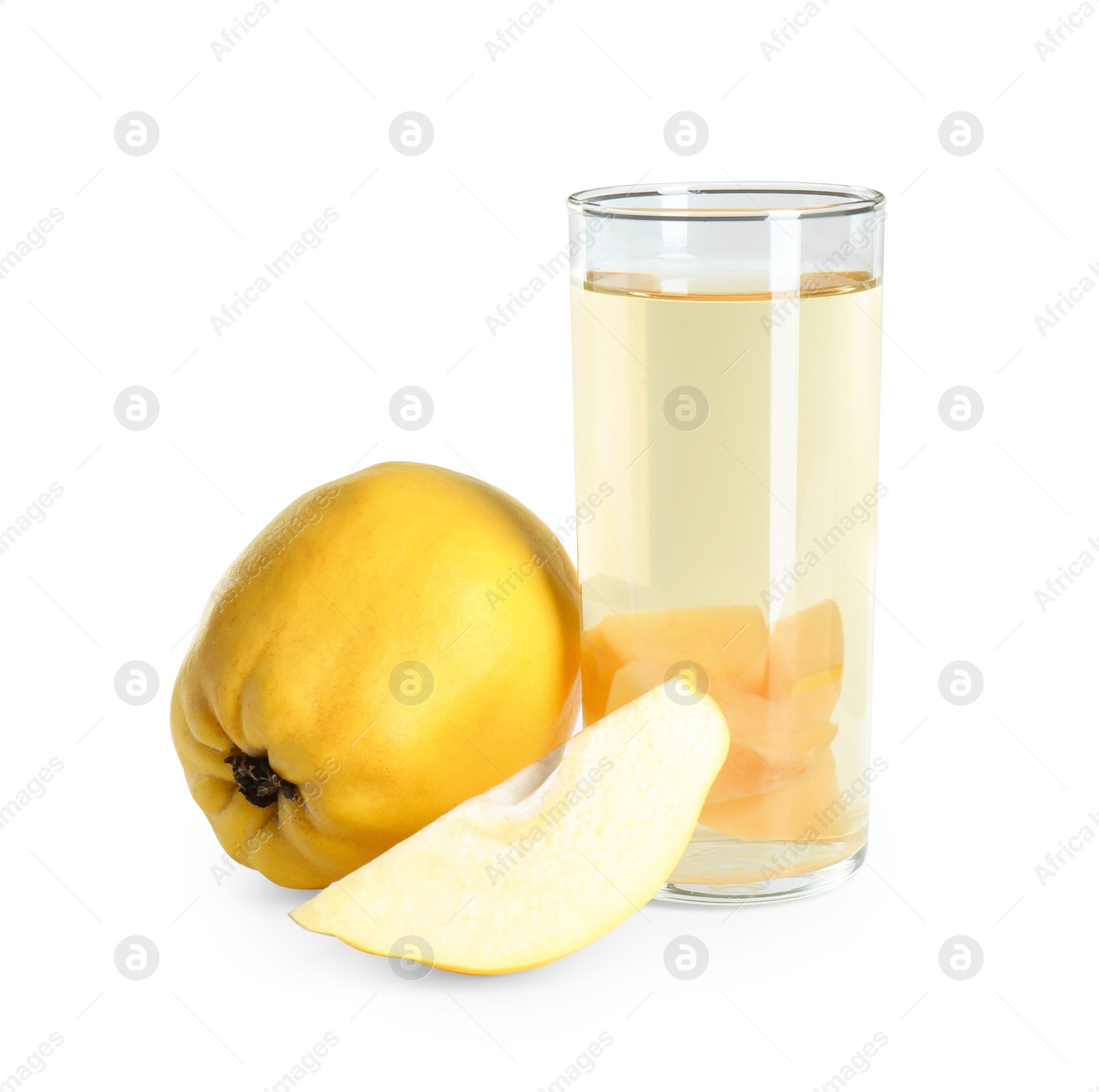 Photo of Delicious quince drink in glass and fresh fruits isolated on white