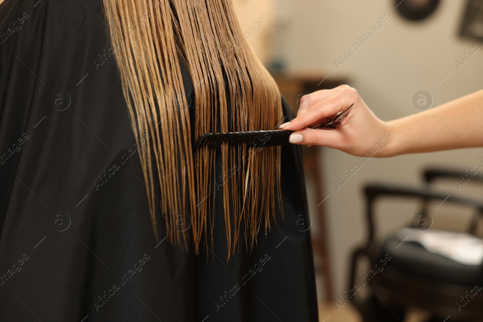 Photo of Professional hairdresser combing girl's hair in beauty salon, closeup