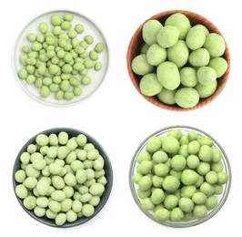 Image of Set with spicy wasabi coated peanuts on white background, top view