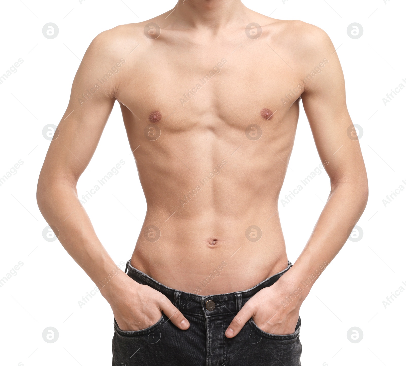 Photo of Shirtless man with slim body isolated on white, closeup