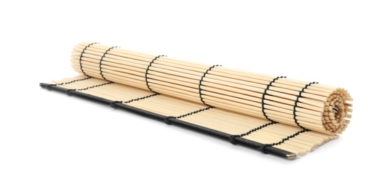 Rolled sushi mat made of bamboo on white background