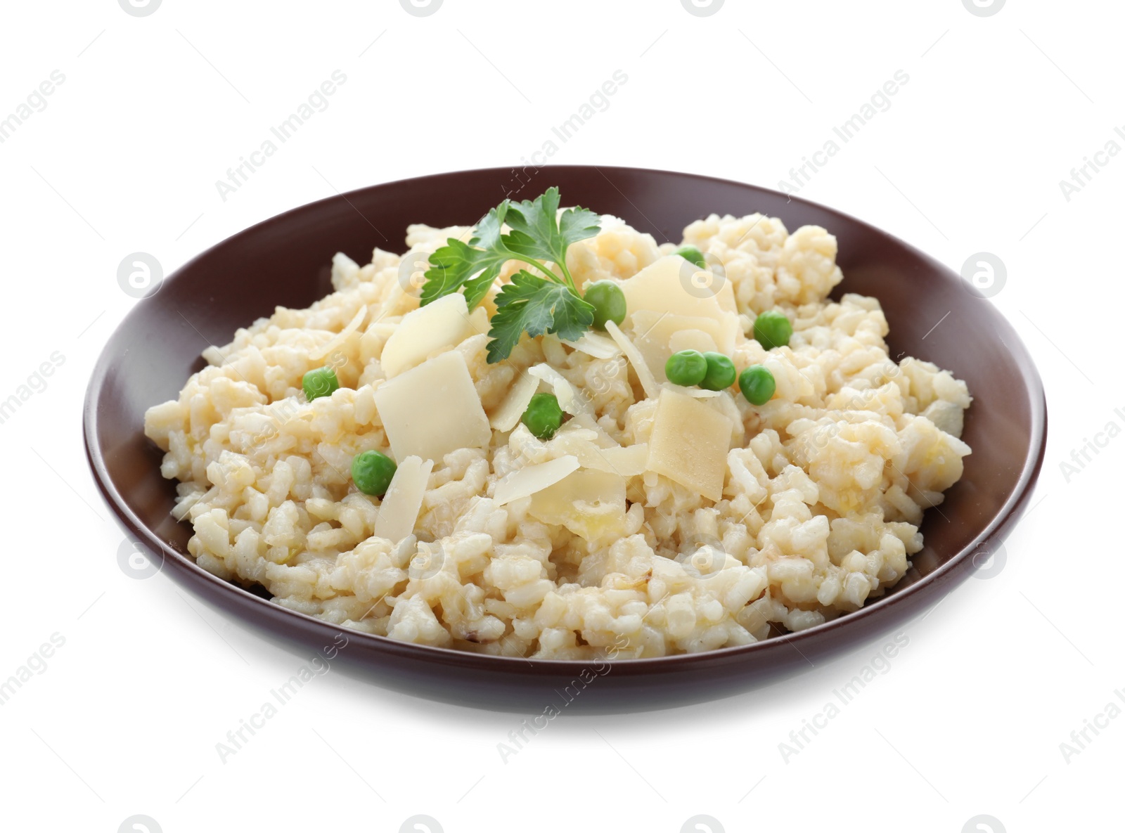 Photo of Delicious risotto with cheese isolated on white