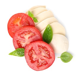 Delicious Caprese salad with tomatoes, mozzarella cheese and basil leaves isolated on white, top view