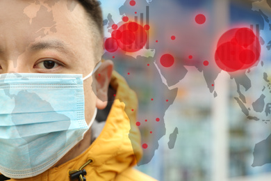 Asian man wearing medical mask outdoors, closeup. Virus outbreak