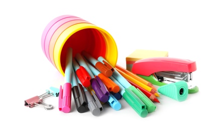 Photo of Set of colorful school stationery on white background