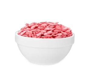 Sweet candy hearts in bowl on white background