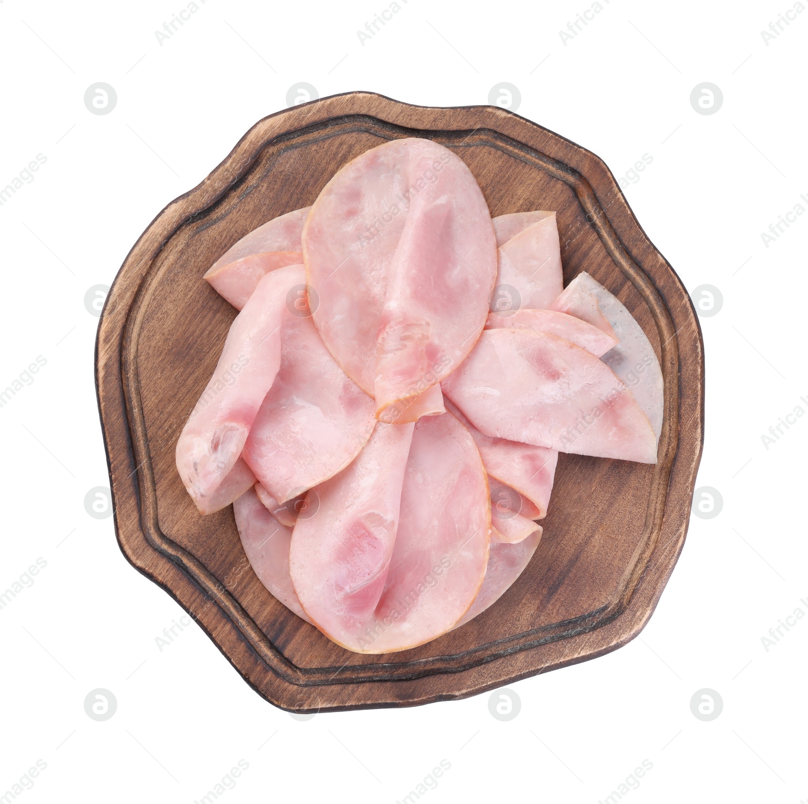 Slices of tasty ham isolated on white, top view Photo of Slices of tasty ham isolated on white, top view
