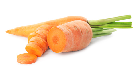 Photo of Whole and cut ripe carrots isolated on white