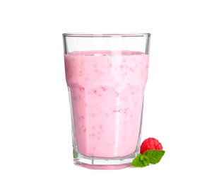 Photo of Tasty raspberry smoothie in glass isolated on white