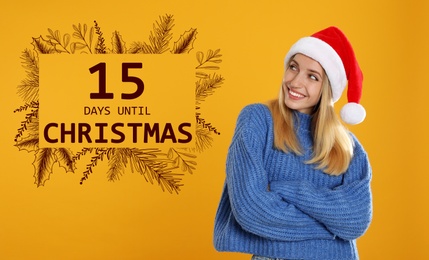 Image of Christmas countdown. Happy woman wearing Santa hat on yellow background near text