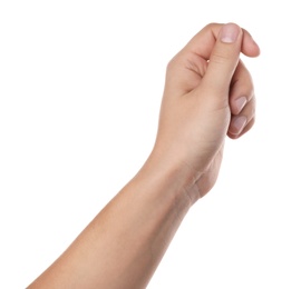 Man holding something on white background, closeup of hand