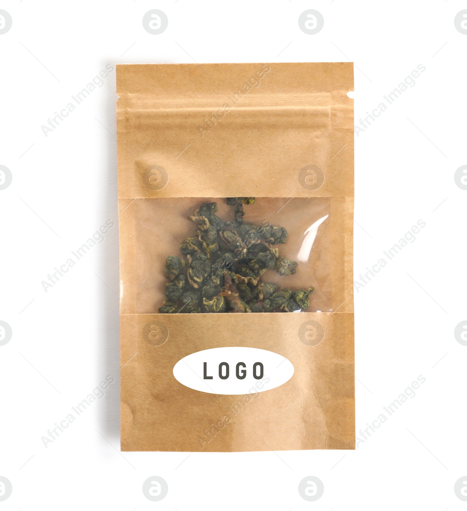 Image of Kraft paper bag with logo and tea on white background, top view