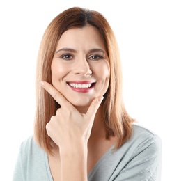 Photo of Smiling woman with perfect teeth on white background