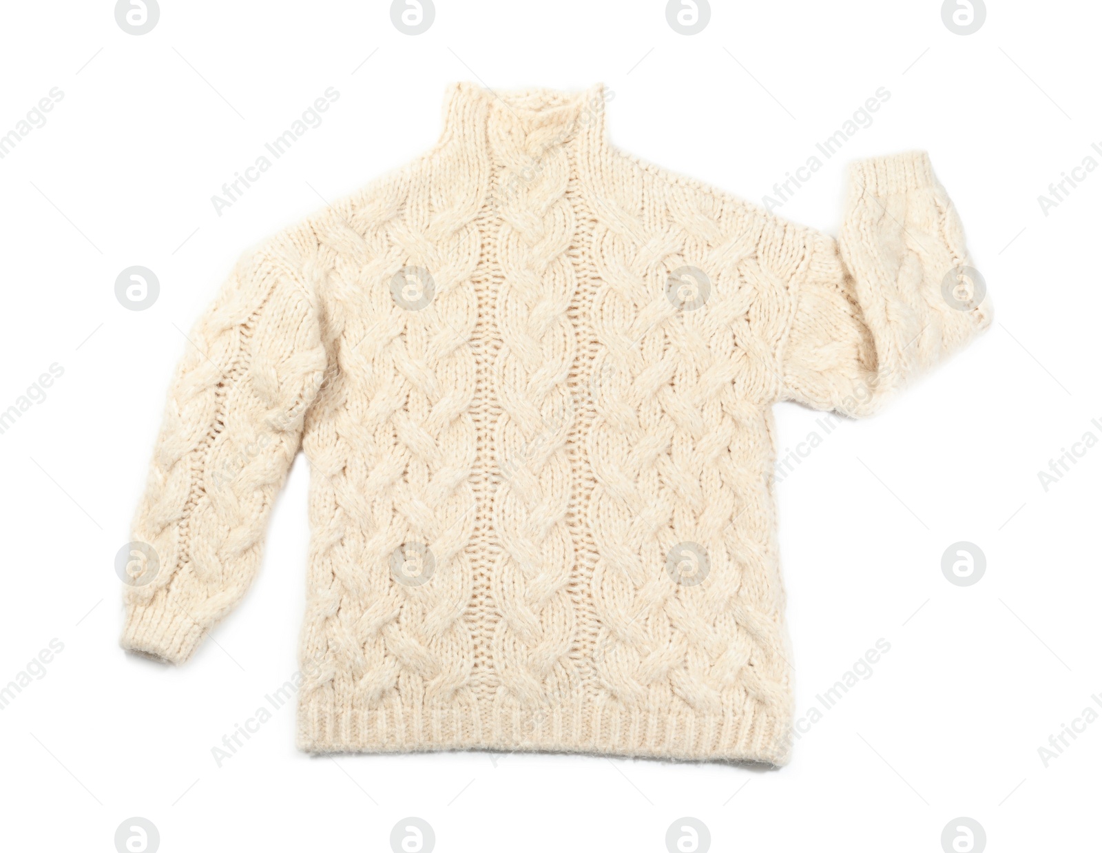 Photo of Cozy warm sweater on white background, top view