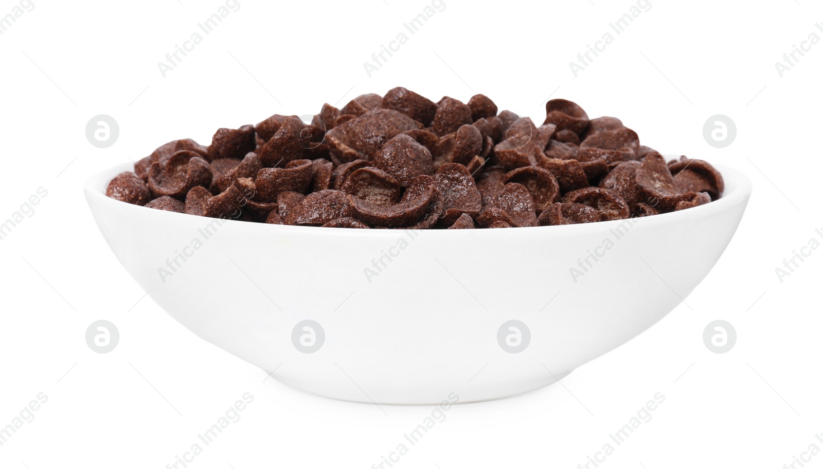 Photo of Breakfast cereal. Chocolate corn flakes in bowl isolated on white