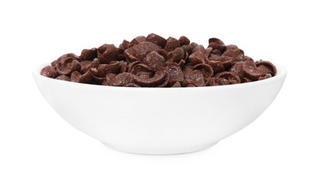 Photo of Breakfast cereal. Chocolate corn flakes in bowl isolated on white