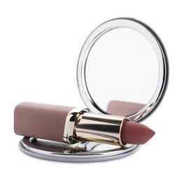 Stylish cosmetic pocket mirror and lipstick on white background