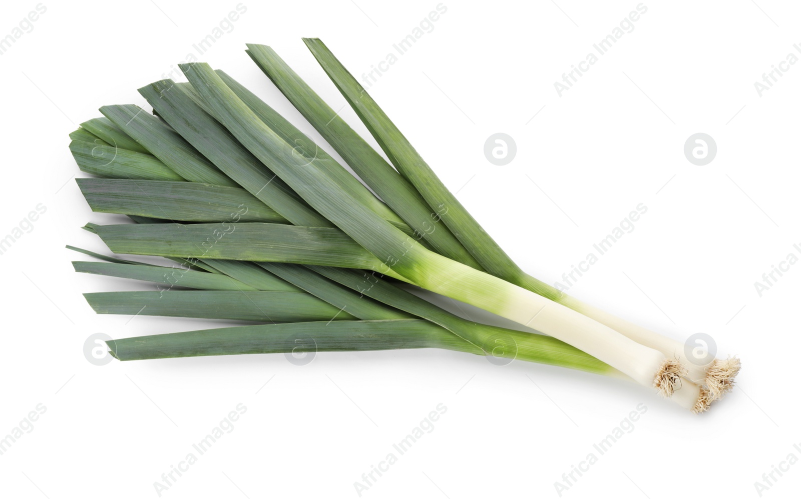 Photo of Fresh raw leeks on white background, top view
