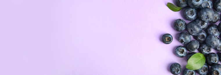 Image of Tasty fresh blueberries on lilac background, top view with space for text. Banner design